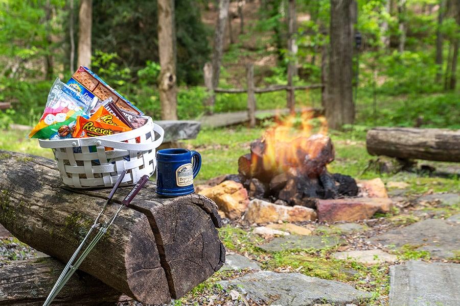 The fire circle in the woods at Bent Creek Lodge with a s'mores basket
